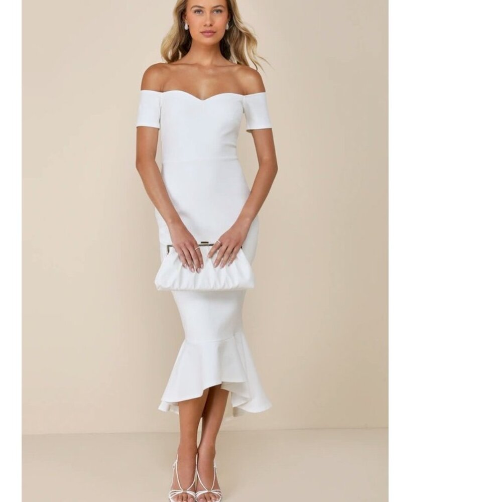 Lulu's White Off-the-Shoulder Ruffle-Hem Midi Dress
